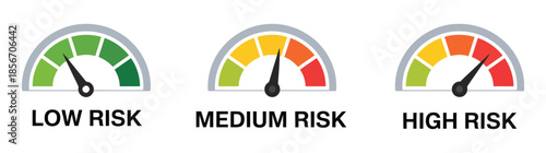 Risk meter icon vector illustration, speedometer scale showing low medium and high risk levels from minimum to maximum concept.