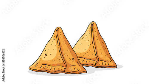 Two delicious golden-brown fried samosas, a popular Indian savory pastry snack, isolated on a clean white background illustration.