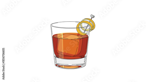 Minimalist vector of a classic Old Fashioned cocktail in a rocks glass with a large ice cube and a stylish citrus peel garnish.