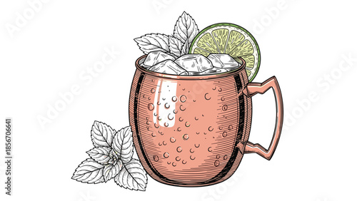 Vintage-style hand-drawn illustration of a Moscow Mule cocktail in a copper mug with ice, mint, and a lime slice garnish.