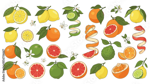 Colorful hand-drawn collection of various citrus fruits including lemons, oranges, limes, and grapefruits in different forms.
