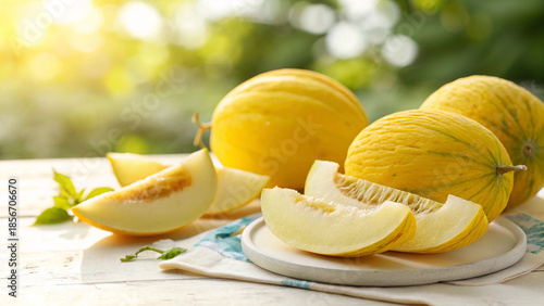 Delicious honeydew melon with slices and mint on a white wooden table outdoors