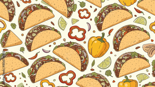 Colorful and festive seamless pattern background of Mexican tacos with bell peppers, lime, and cilantro on a light surface.