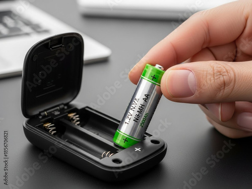 Hand inserting green rechargeable AA battery into black portable charger