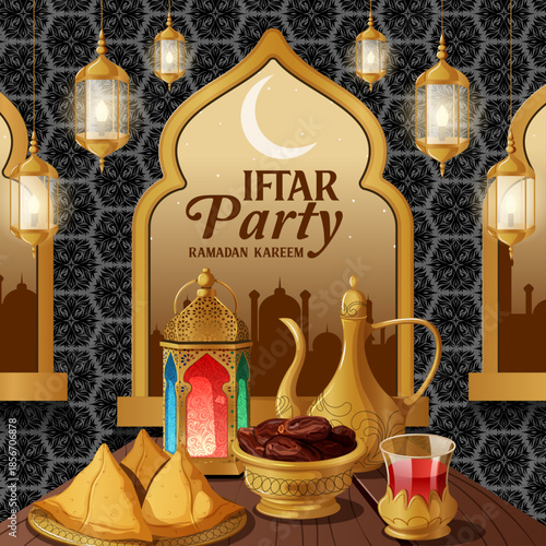 Ramadan Kareem Iftar Party Square Template with Traditional Food Table and Hanging Lanterns Near Window at Sunset. Social Media Post Vector Illustration with Dates, Samosas, and Drinks