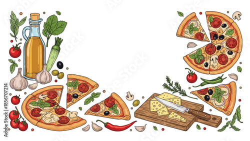 Colorful hand-drawn food frame with delicious Italian pizza, cheese, tomatoes, olive oil, and fresh herbs on white background.