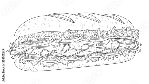 Detailed black and white line art illustration of a large submarine sandwich filled with cold cuts, cheese, and fresh lettuce.