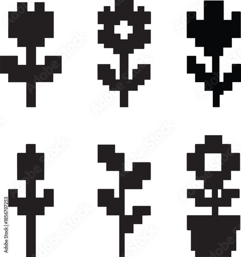 pixel art flower icon set black silhouette retro pixelated vector illustration