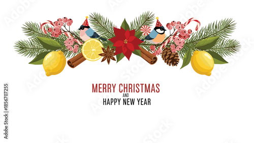 Elegant Christmas and New Year greeting card decoration with birds, poinsettia, fir branches, and festive holiday elements.