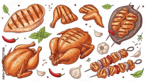 A delicious assortment of grilled and roasted chicken dishes, including whole chicken, breasts, legs, wings, and kebabs illustration.