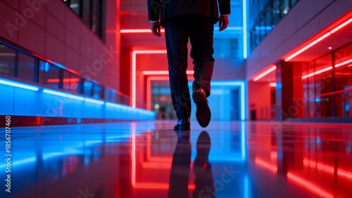 Person walking in a neon lit corridor