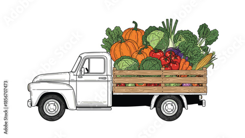Vintage-style black and white illustration of an old pickup truck fully loaded with a fresh harvest of various vegetables.