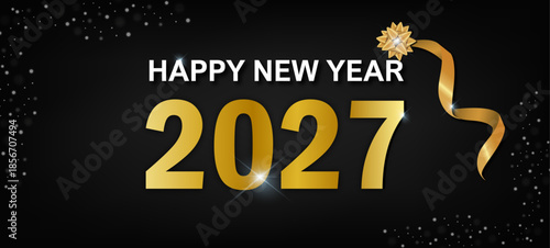 "Happy New Year 2027" in celebratory sparkling gold vector design. Glamorous glitter on a black surface with sharp studio lighting and crisp details.