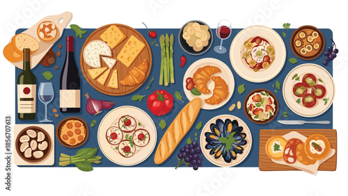 Top-down view of a beautifully arranged French dinner table with cheese, wine, mussels, bread, and various appetizers.