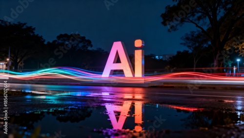 AI sign with colorful light trails at night