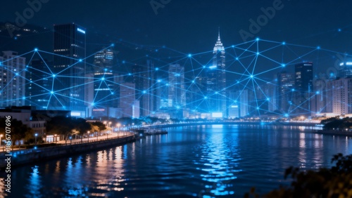 Night cityscape with digital network overlay