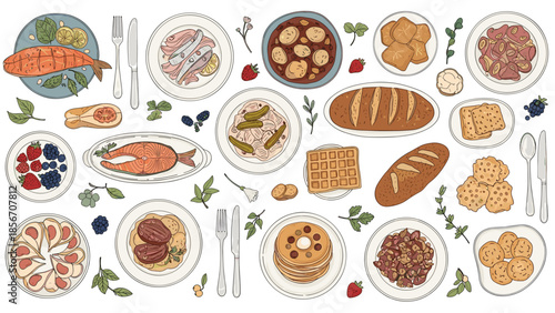 A large collection of diverse, beautifully hand-drawn food dishes and meals, perfect for restaurant menus or culinary blogs.