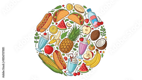 A circular composition of colorful summer street food including hot dogs, tacos, fruits, and milkshakes on a white background.