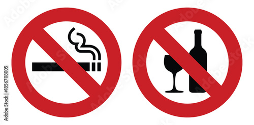 No smoking and no drink alcohol prohibited sign vector, restriction symbols for public places health safety and rule enforcement.