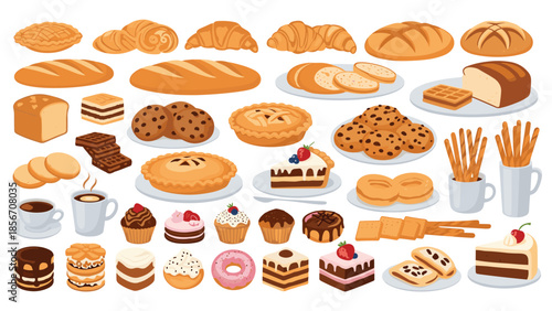 A large and delicious collection of various bakery items, pastries, and desserts, including bread, cakes, cookies, and croissants.