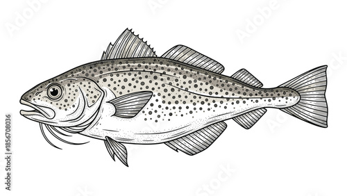 A detailed and realistic hand-drawn illustration of an Atlantic cod fish, in a vintage black and white engraving style.