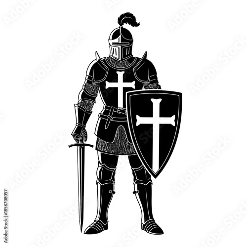 Medieval knight in armor holding sword and shield with cross