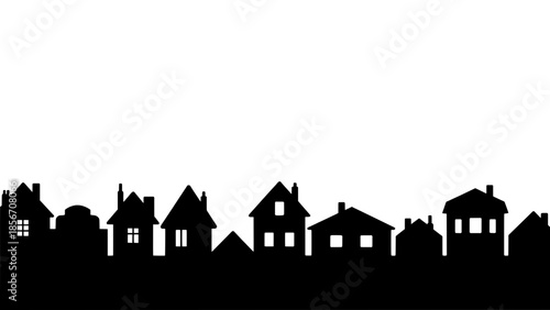 Silhouette of a row of houses along a town skyline in black vector