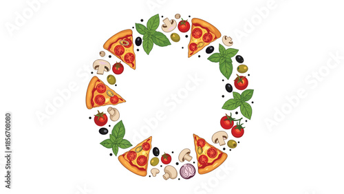 A circular frame made of fresh Italian pizza slices and ingredients like tomatoes, mushrooms, olives, and basil leaves.
