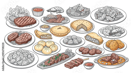 A large collection of various food dishes from around the world, illustrated in a detailed monochrome vintage engraving style.