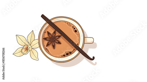 Top-down view of a warm cup of masala chai tea, garnished with a star anise and a vanilla bean, on a white background.