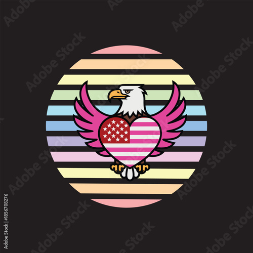 An eagle clutching a heart with an American flag set against a rainbow backdrop