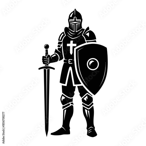 Medieval knight in armor holding sword and shield with cross