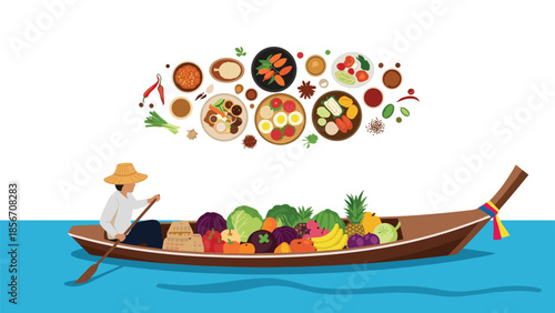 A floating market scene with a vendor in a traditional boat selling fresh produce, with Thai food icons floating above.