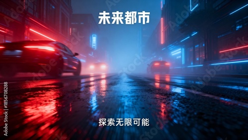 Futuristic city street at night