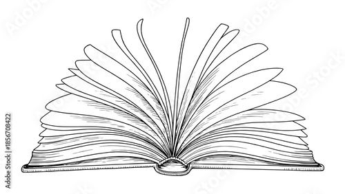 Open book with fanned pages — line art sketch