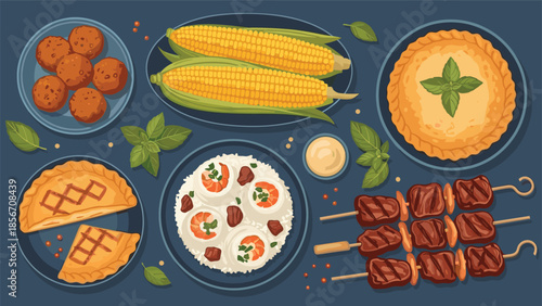 A top-down flat lay view of a delicious Filipino food spread including skewers, pies, rice with shrimp, and fresh corn.