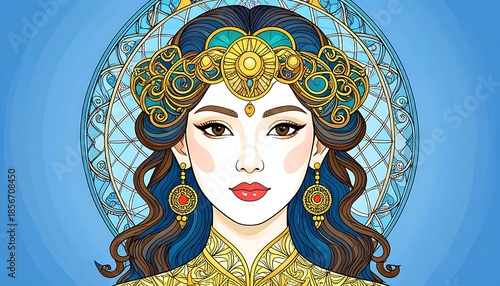 Portrait of a woman with golden headpiece against intricate blue background
