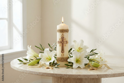 Paschal Candle with White Flowers Easter Composition