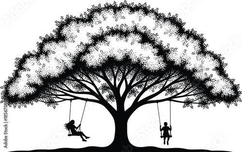 Black and white silhouette of a large oak tree with two children swinging on rope swings for childhood nature concepts