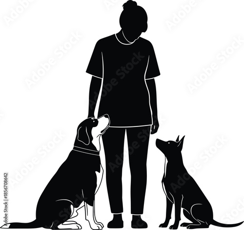 Black and white silhouettes featuring a woman standing with two loyal dogs for pet care animal training and companionship concepts