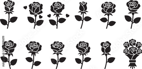 Black and white roses and bouquet silhouettes with white outlines