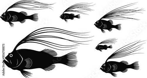 Black deep sea fish silhouettes set with various long finned aquatic creatures isolated on white background for marine nature design