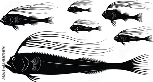 Black deep sea fish silhouettes set with various long finned aquatic creatures isolated on white background for marine nature design vector
