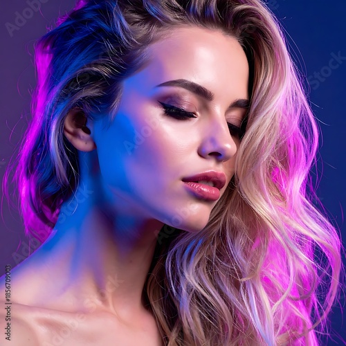 Portrait of a woman with long blonde hair lit by blue and pink hues, gazing down with a soft, dreamy expression