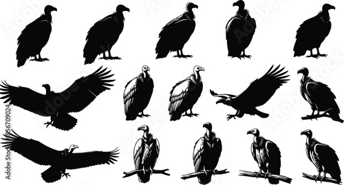 Black excavator bucket silhouettes set with various heavy machinery attachments and digging equipment isolated on white background for industrial construction design