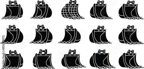 Black excavator bucket silhouettes set with various heavy machinery digging attachments isolated on white background for construction and industrial design
