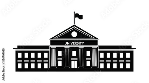 Elegant black and white illustration of a classic university building with a flag