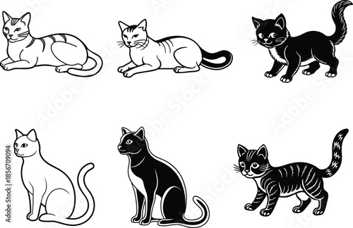 Cute vector set of black and black and white cats in cartoon silhouette style.