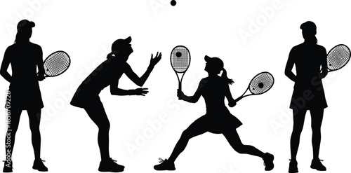 Black female tennis player silhouettes set with athletes serving hitting and posing with rackets isolated on white background for sports