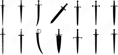 Sword silhouette icon set, black weapon shapes, fantasy blade collection, medieval style, historical arms, vector design for stock, combat illustration